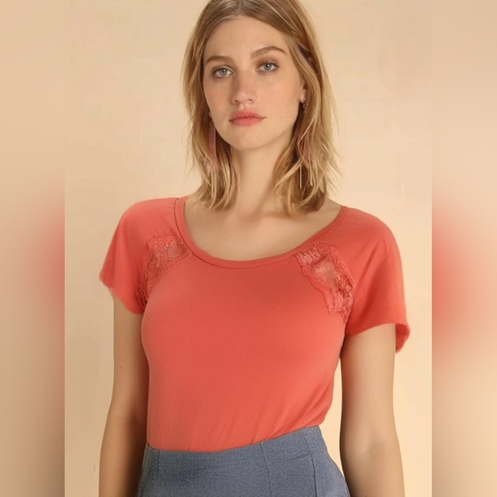 Color Story Coral Orange Short Sleeve Top With Lace Insets